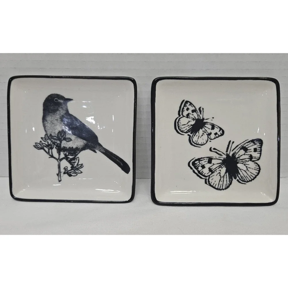 Grace and Belle Square Jewelry Ring Dish Set Black/White Ceramic Bird/Butterfly